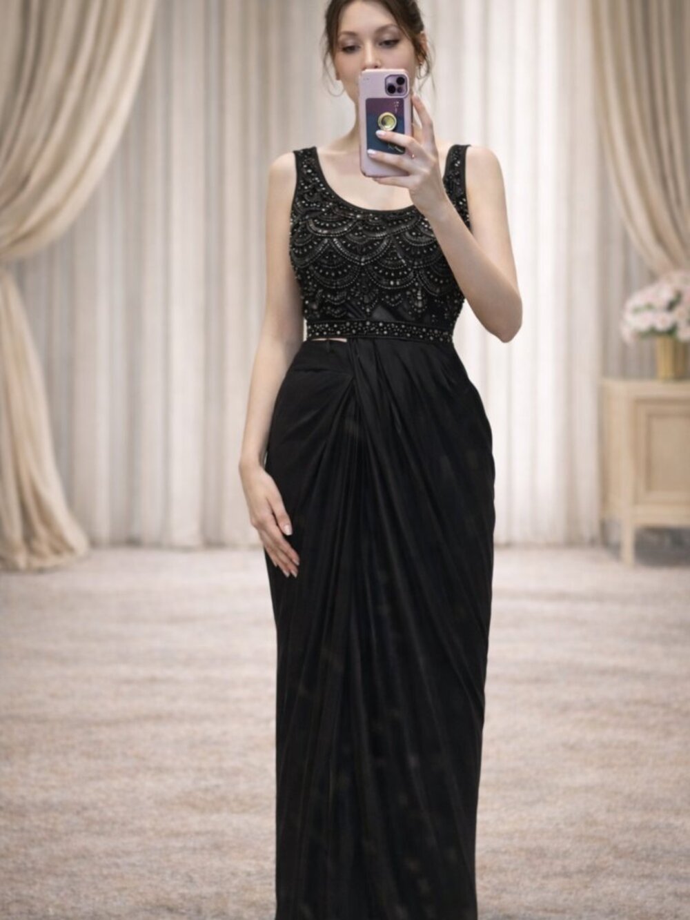 Elegant Black Ready-Made Saree with Embellished Blouse – Large Size (L